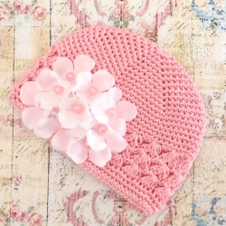 Σκουφάκι βάπτισης pink with spring pearl flowers