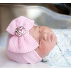 Σκουφάκι για νεογέννητο ροζ με φιόγκο Crystal