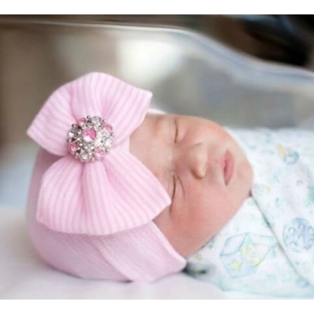 Σκουφάκι για νεογέννητο κοριτσι ροζ με φιόγκο Crystal