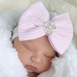 Σκουφάκι για Νεογέννητο Μωρό άσπρο με ροζ Φιόγκο Crystal