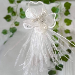 Νυφικό Αξεσουάρ για τα Μαλλιά Λευκό Λουλούδι με Πέρλες και Φτερά