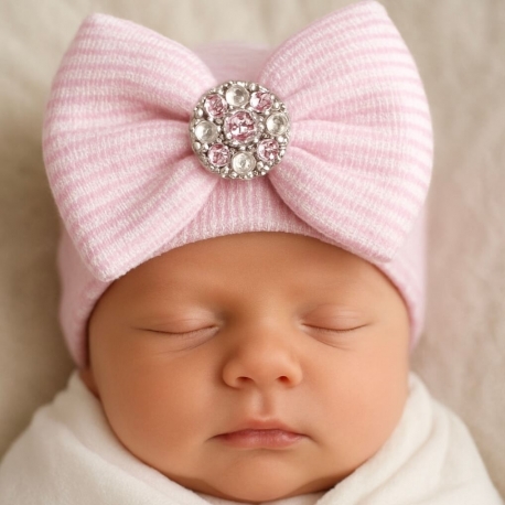 Σκουφάκι νεογέννητου κοριτσι ροζ με φιόγκο Crystal
