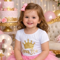 Λευκό βαμβακερό μπλουζάκι κοριτσιού με χρυσή glitter κορώνα
