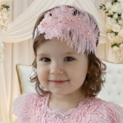 Χειροποίητη κορδέλα για τα μαλλιά με ροζ φτερά,δαντέλα και πέρλες