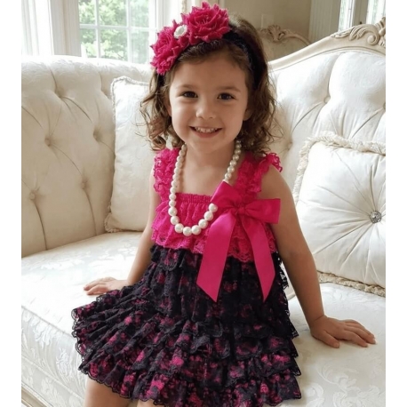 Βρεφικό φόρεμα κοριτσιού φούξια με μαύρο, με στρώσεις δαντέλας, σατέν φιόγκο και ασορτί κορδέλα 
